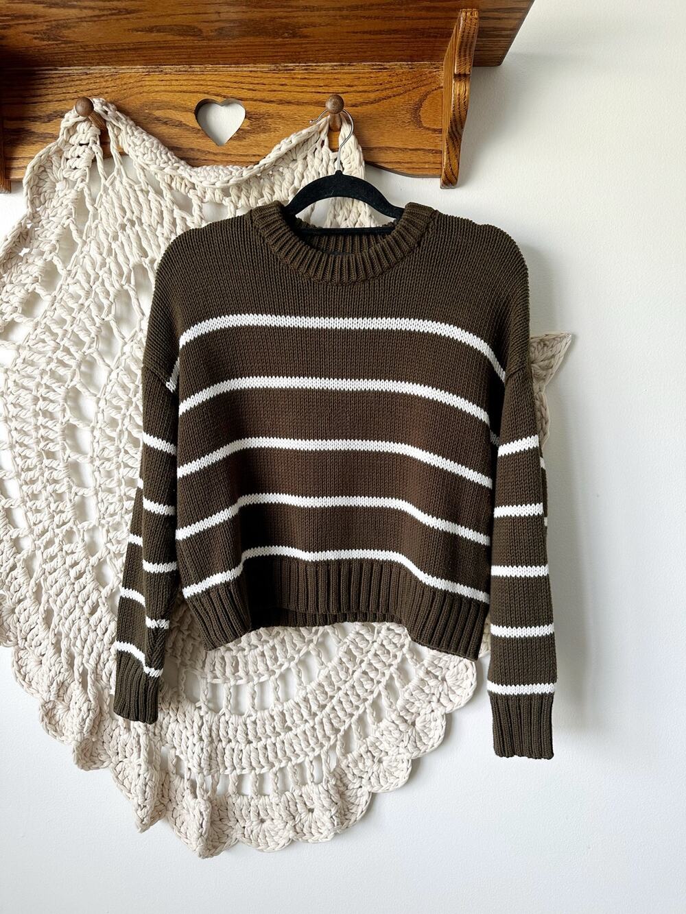 Jenni Kayne Chloe Cotton Striped Crew Neck Sweater Olive Green White Cropped XS